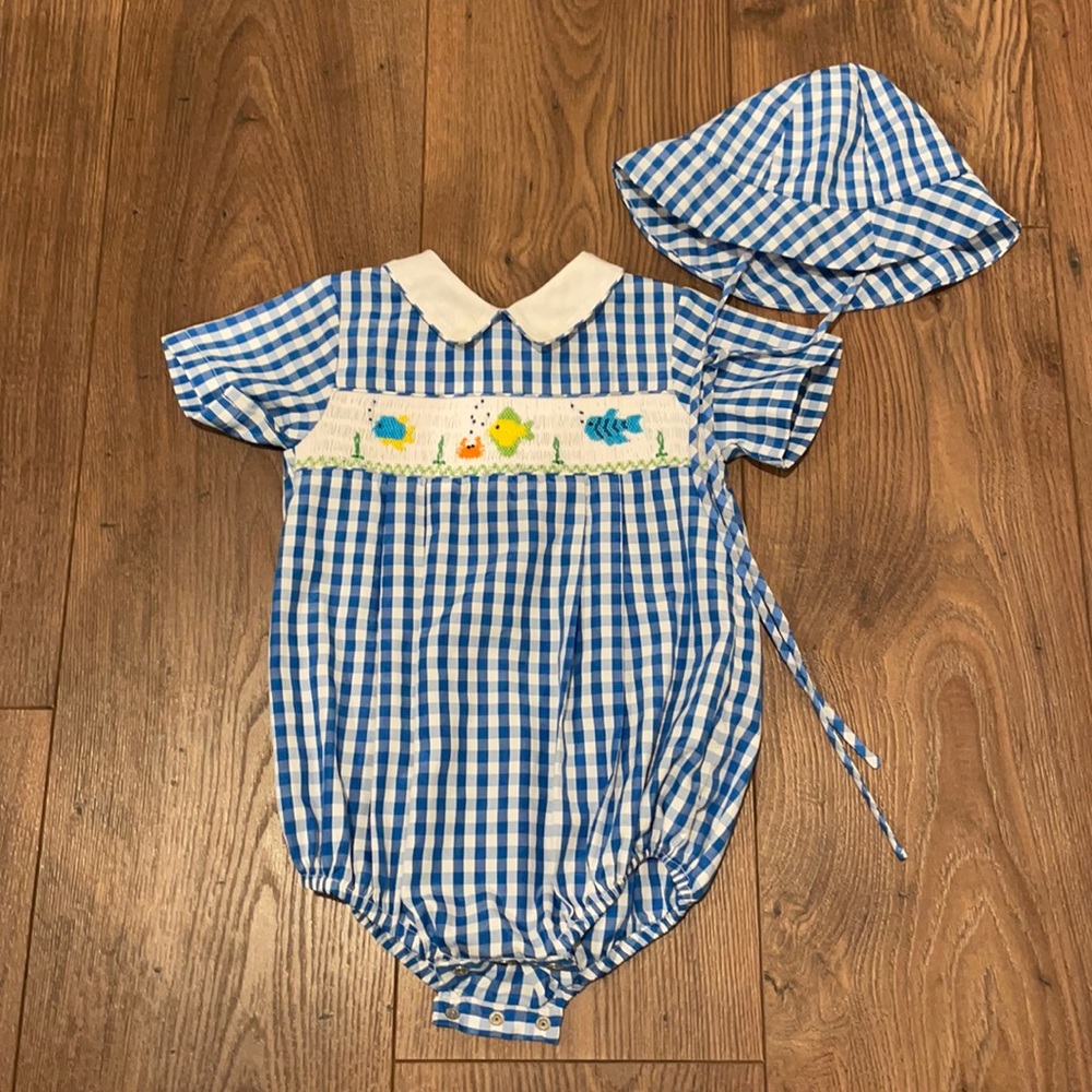 Smocked fish boy bubble with matching hat